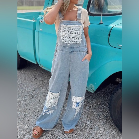 NWT POL Boho Patchwork Crochet Jean Denim Overalls - Picture 10 of 15